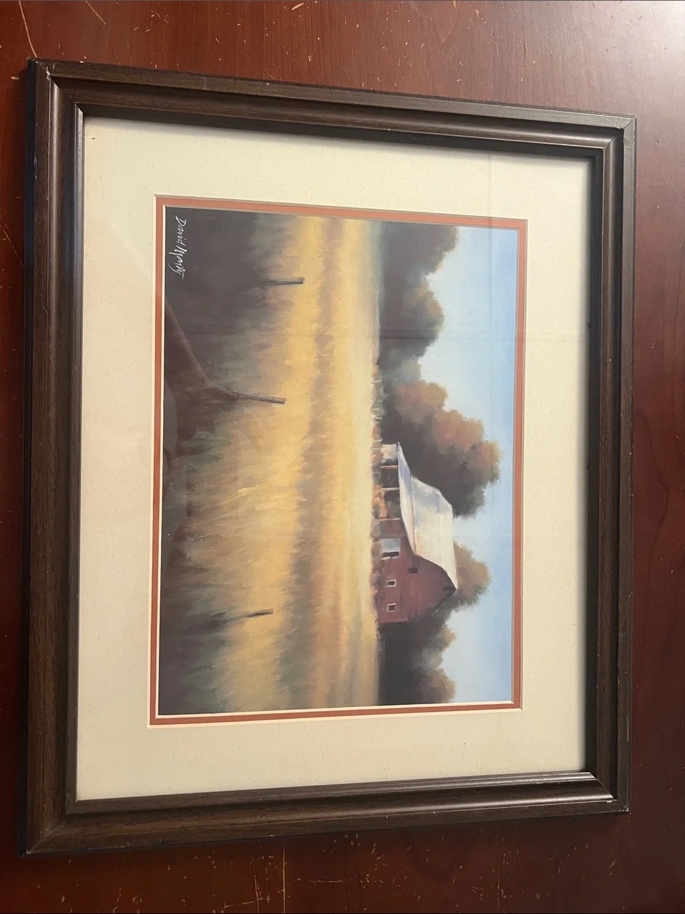 Framed Barn Landscape Print in Brown Frame